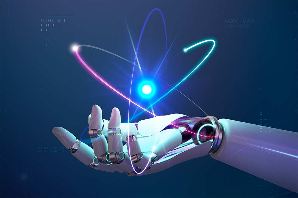 Hand of a robot showing an illusion of a galaxy